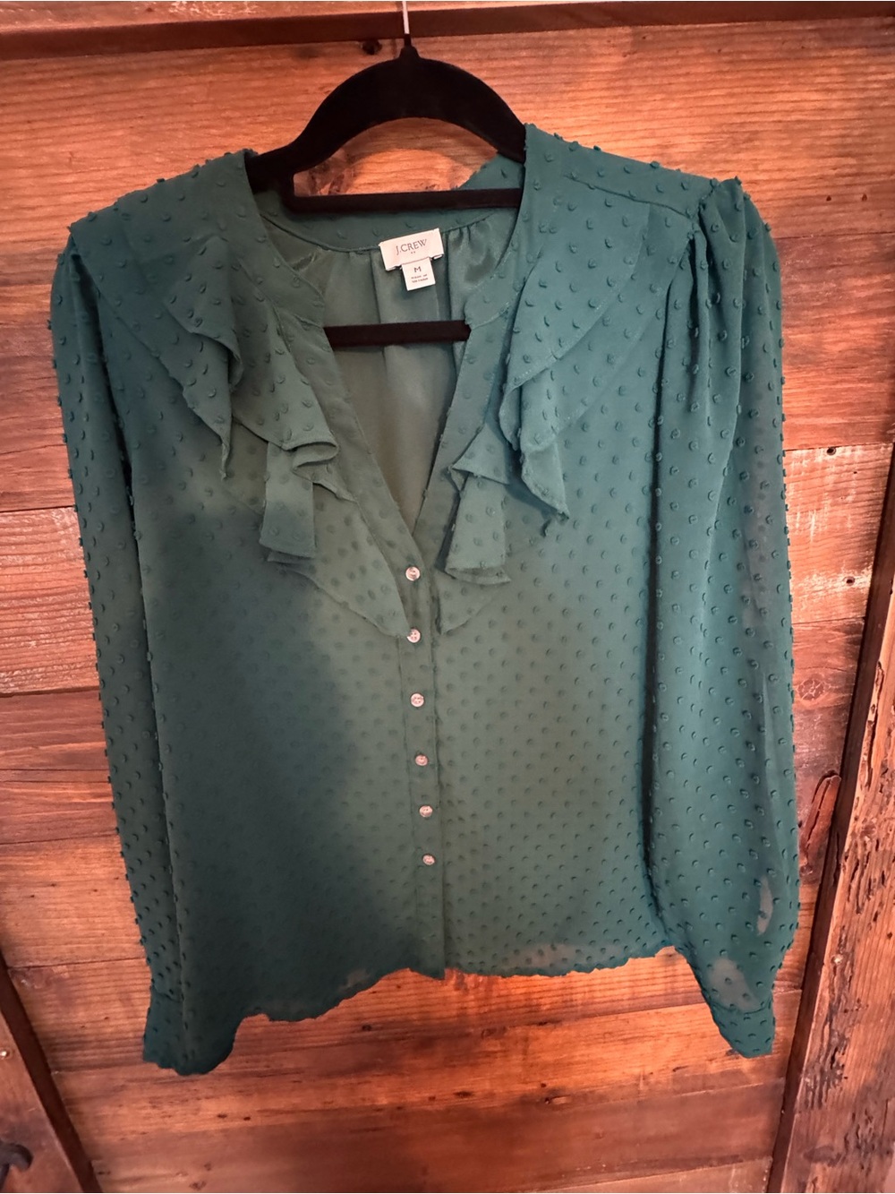 J. Crew Teal Ruffle-Trim Swiss Dot Button-Front Blouse
